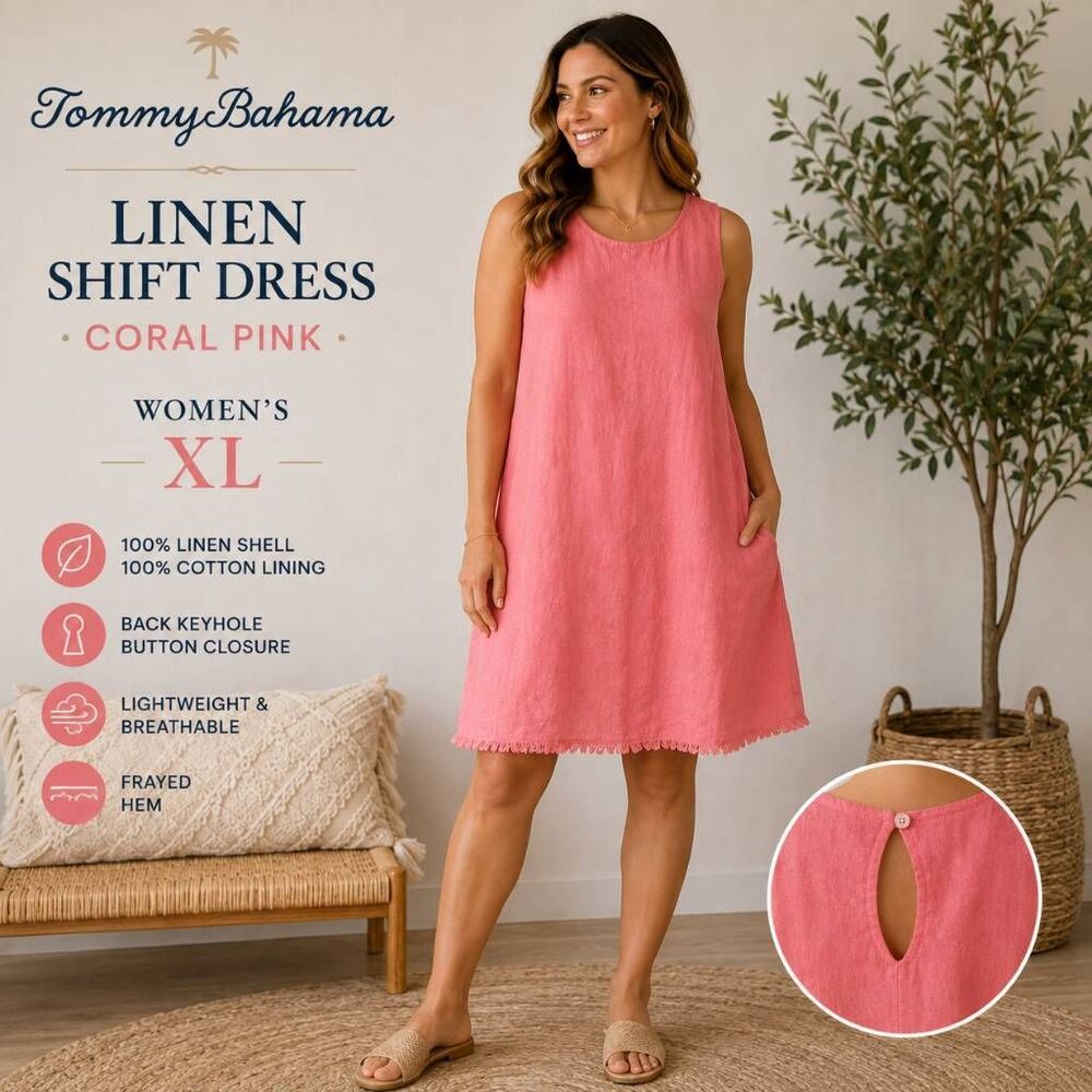 Tommy Bahama Women’s XL Coral Pink Linen Shift Dress Sleeveless Frayed Hem